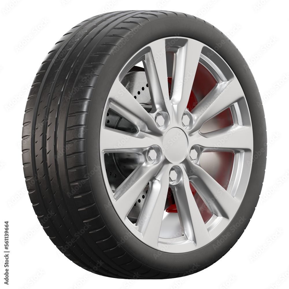 Realistic car wheel on transparent background in high resolution.