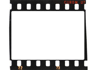 35mm film strip with transparent frame cell and background (PNG image)