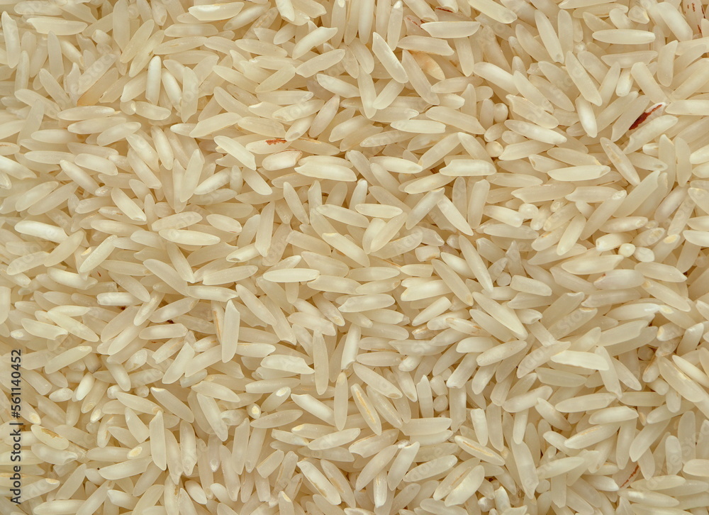 Close-up macro shot of the dry white basmati rice grains lying on a flat surface.