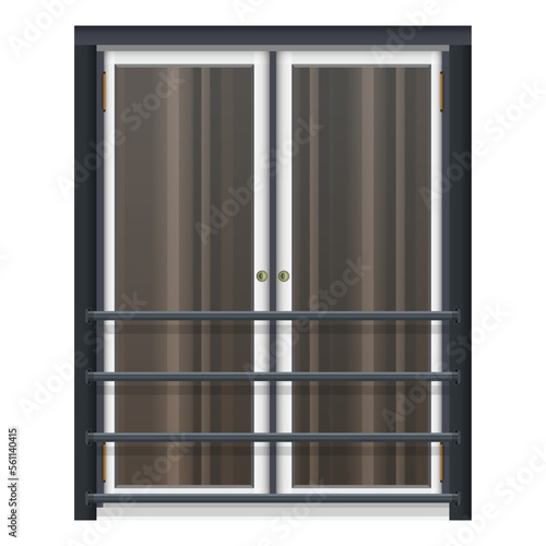 French Window with metal railings in realistic style. White doors with large windows. Building facade. Colorful vector illustration isolated on white background.