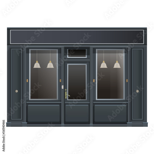 Shop-front entrance wall in realistic style. Door and Windows. Outdoor Building elements. Colorful vector illustration isolated on white background.