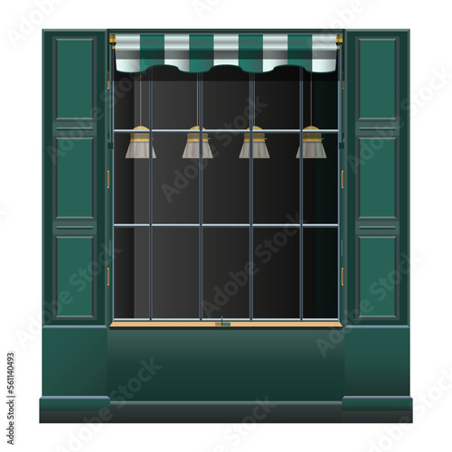 Shop-front green wall and large window in realistic style. Outdoor Building elements. Colorful vector illustration isolated on white background.