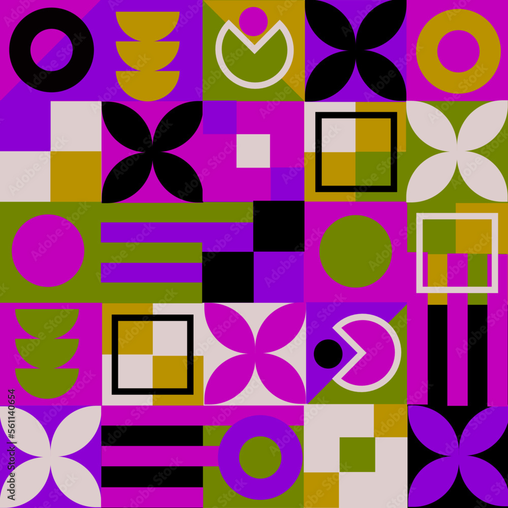 Abstract geometric poster with a pattern of simple geometric shapes in pink and green and purple colors. Vector graphics are suitable for interior decoration, book covers and textiles Abstract geometric poster with a pattern of simple geometric shapes in pink and green and purple colors. Vector graphics are suitable for interior decoration, book covers and textiles