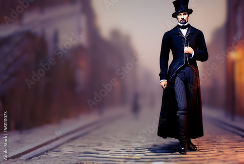 Victorian man walking down victorian city street. Illustration, generative ai photo