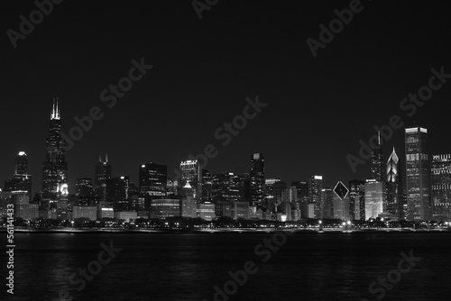 Chicago Skyline at Night - Black and White