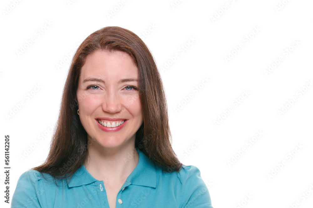 Attractive young woman smiling at camera with white background. Attractive young woman smiling at camera with white background.