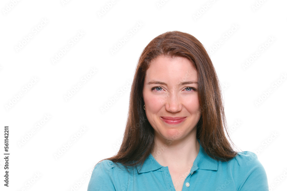 Attractive young woman smiling at camera with white background. Attractive young woman smiling at camera with white background.