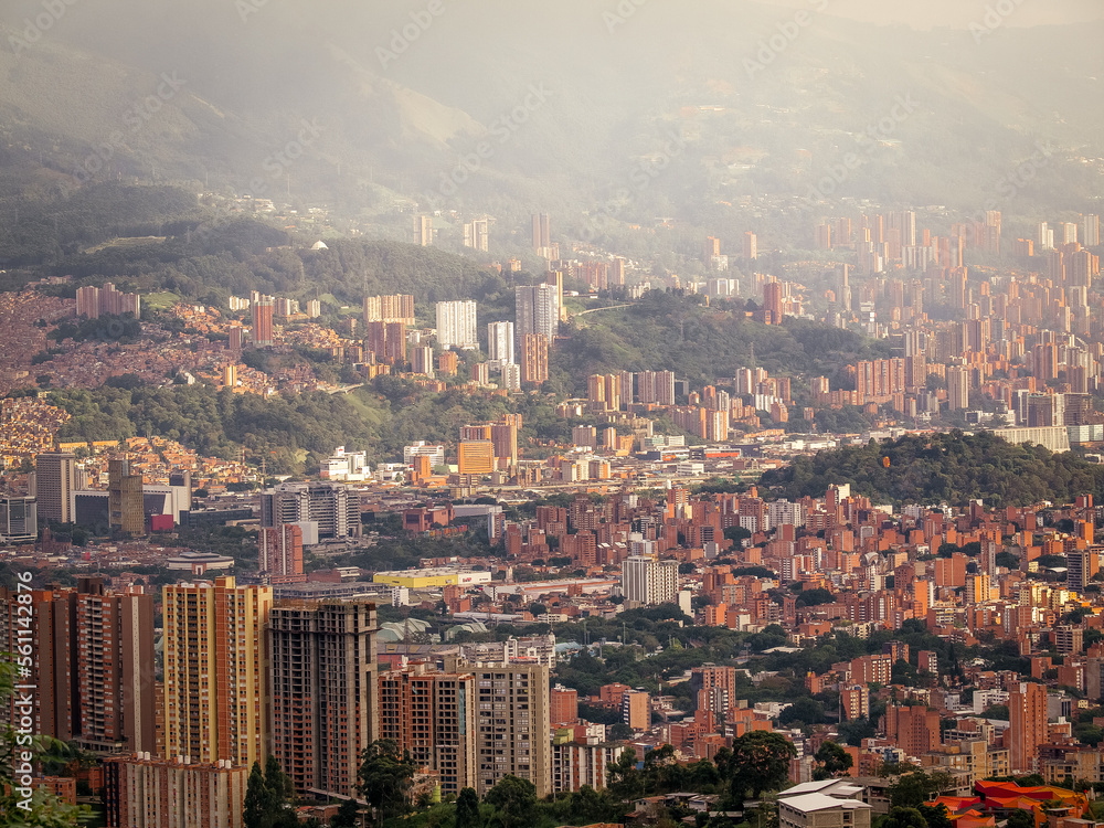 The view over Medellín from the station la Aurora of the metro cable in