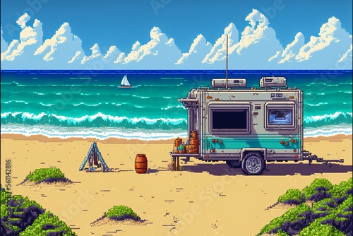 Foto Landscape with trailer home on the beach, 16 bit pixel art style