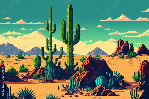 Desert landscape with cacti and mountains in the background, 16 bit pixel art style. AI digital illustration