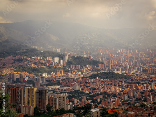 The view over Medellín from the station la Aurora of the metro cable in Medellín. The hill village Vallejuelos, Colombia, South America.