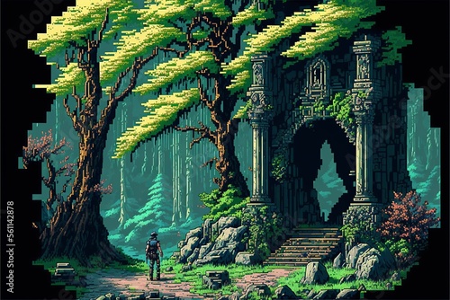 Jungle landscape with stone ruins, 16 bit pixel art style. AI digital illustration