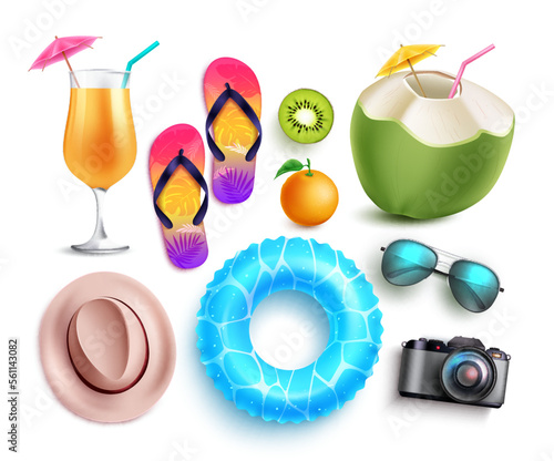 Summer element vector set. Summer 3d object like floater, camera and coconut juice isolated in white background. Vector illustration tropical elements collection. 
