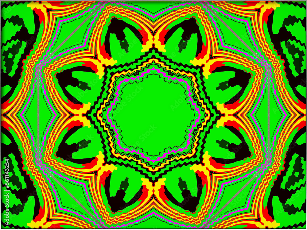 Abstract, Star Shaped Patterns, with Black Designs, set against Green, within a Border