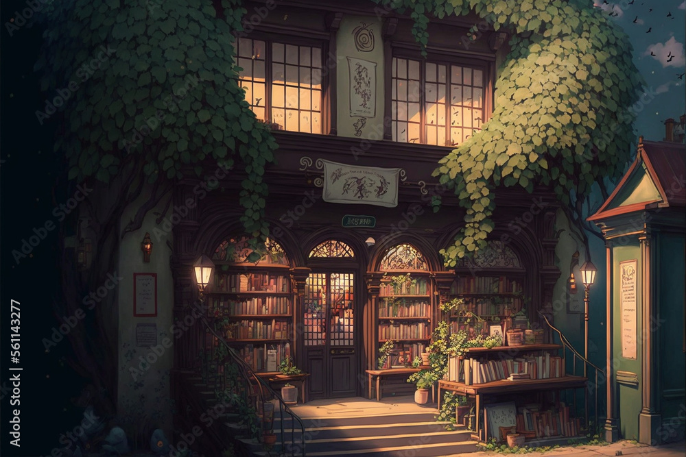 A magical bookstore filled with stories. Superb anime-styled and DnD environment