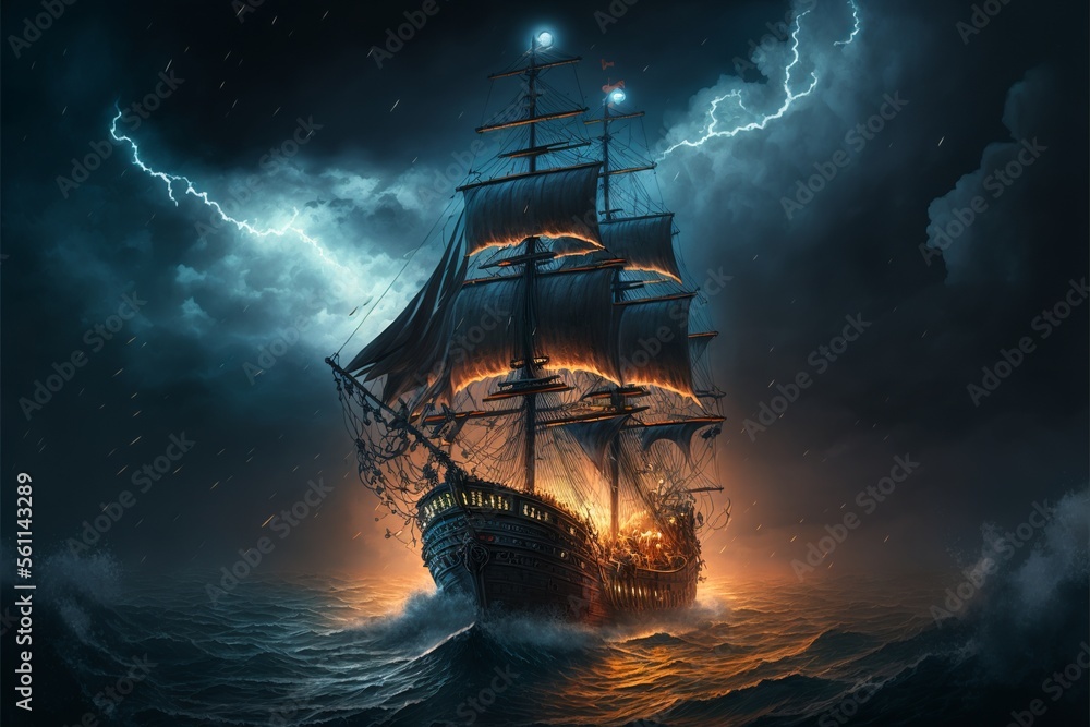 Fototapeta premium Landscape with pirate ship in the sea, lightning in the sky full of clouds, horizon in the background. AI digital illustration