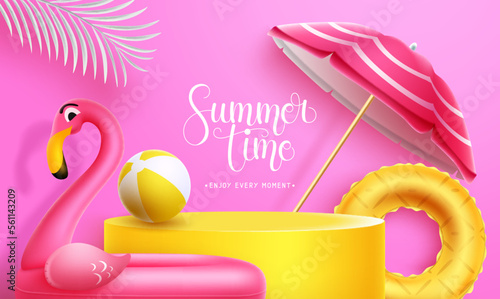 Summer time vector podium background. Summer time text in stand mock up display with flamingo and umbrella element. Vector illustration product presentation design.
