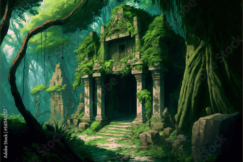 Ancient ruins in the jungle. Superb anime-styled and DnD environment