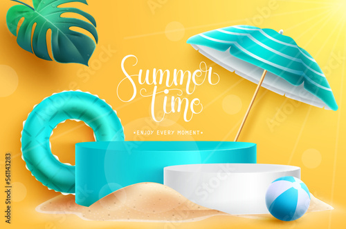 Summer time podium vector design. Summer time text in stand presentation platform with tropical elements like floater and beach ball. Vector illustration mock up product display. 
