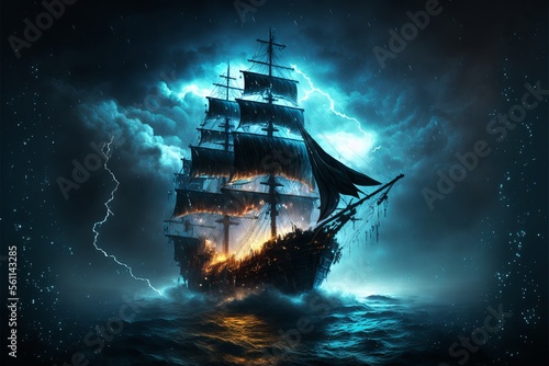 Landscape with pirate ship in the sea, lightning in the sky full of clouds, horizon in the background. AI digital illustration