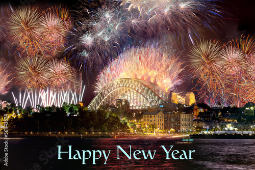 Photography Sydney Harbour Bridge New Years Eve fireworks, colourful NYE fire works lighting the night skies with vivid multi colours NSW Australia