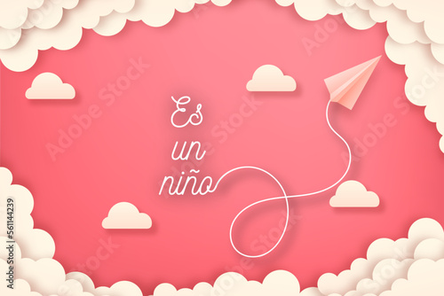 tarjeta o pancarta para anunciar el nacimiento de una niña en blanco con nubes crudas alrededor sobre un fondo degradado rosa Pantone 2019