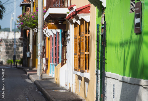 Street with townhouses in old town of Cartagena, Bolivar, Colombia photo