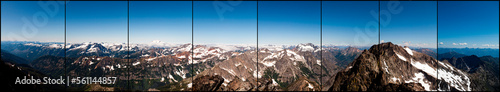 A panoramic view of the North Cascades on a sunny afternoon. Image consists of 8 individual images.