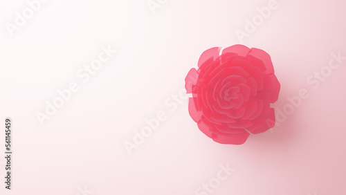 ピンク色の背景に赤色の透明な紙で作られた花。春の背景イメージ。俯瞰。（横長）
