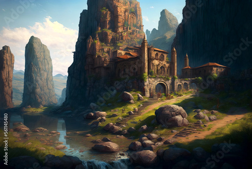 Fantasy stronghold or town by the river scene AI generative