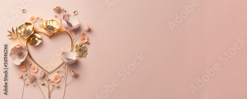 Elegant flatlay design with copy space. Pink background. Gold heart with flowers. Generative AI. © Nai9