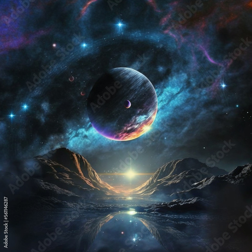 AI-Generated Portrait of Futuristic moon  mountain and planet in a Cosmos Nebula. Highly detailed 4k Digital Illustration of space art. Artistic generative art of a space exploration in a starry night