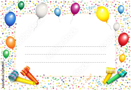 Blanko Karte zum Geburtstag, Muttertag, Fasching, Karneval, Party uvm. mit Konfetti, Luftballons, Luftschlangen, Tröte und Platz für Text,
Vektor Illustration isoliert auf weißem Hintergrund
