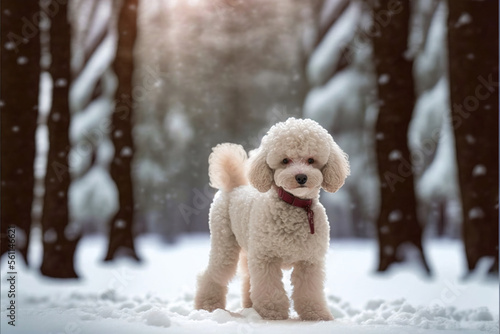 Poodle puppy in snow, Generative AI