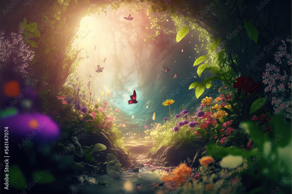 A beautiful fairy tale enchanted forest with big trees, tropical ...
