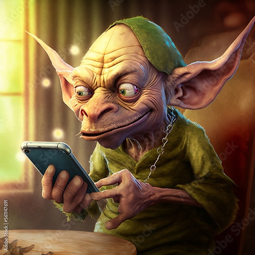 Generative AI, funny goblin checking notifications on his phone
