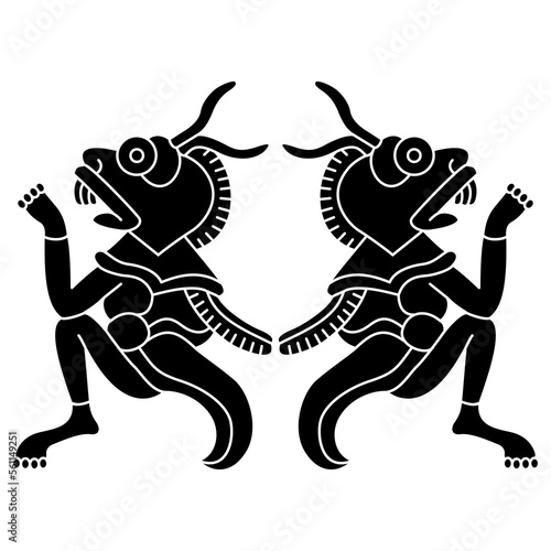 Symmetrical design with two monster locusts. Native American art of Aztec Indians. Animal pre Columbian mythological design from Mexican codex. Black and white silhouette.