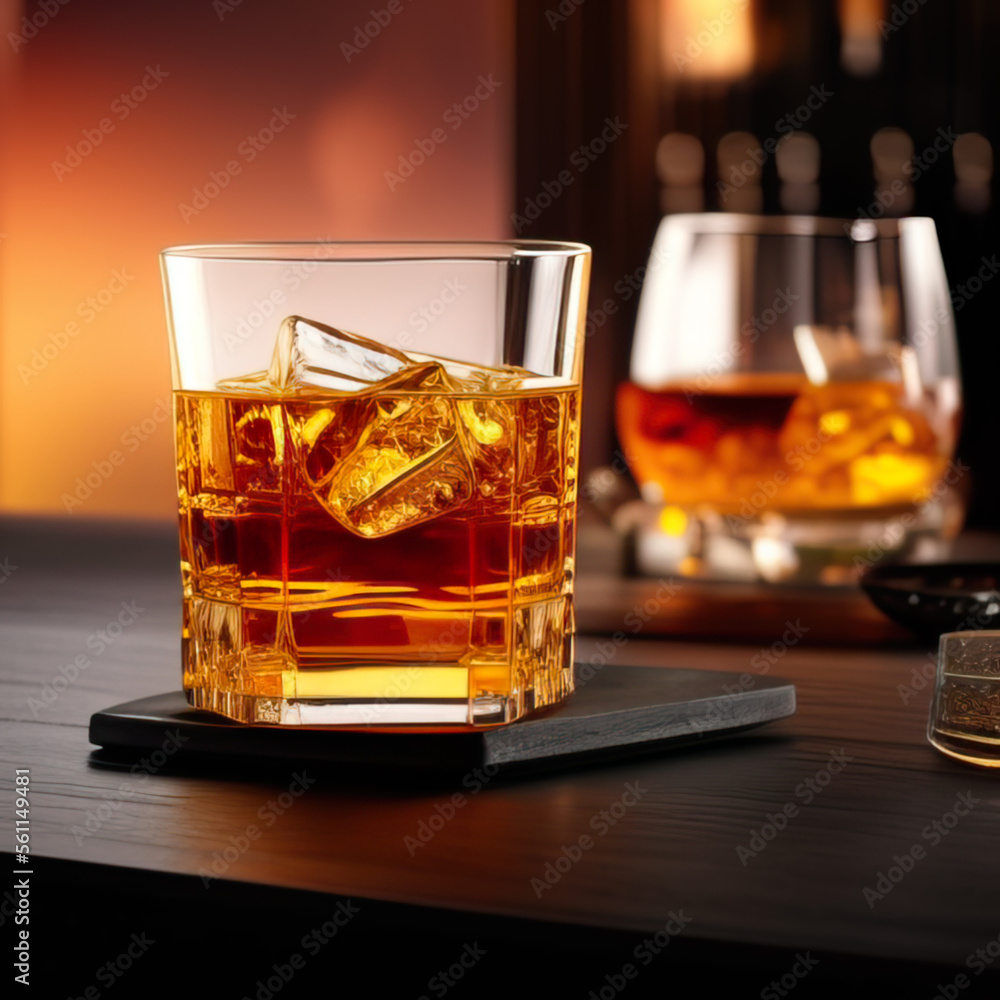 whiskey with ice in beautiful glass standing on a bar in cozy warm pub whiskey with ice in beautiful glass standing on a bar in cozy warm pub