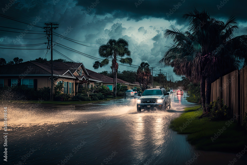 Cars driving through flooded Florida street at night. Generative AI