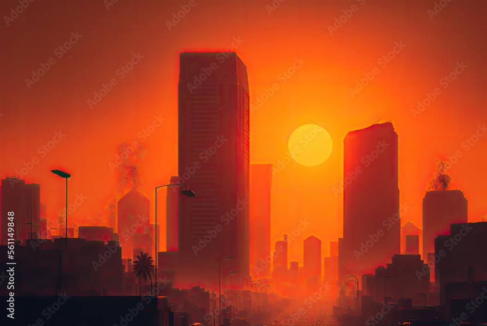 Heatwave over a city, bright sun, global warming, urban heat island. Generative AI