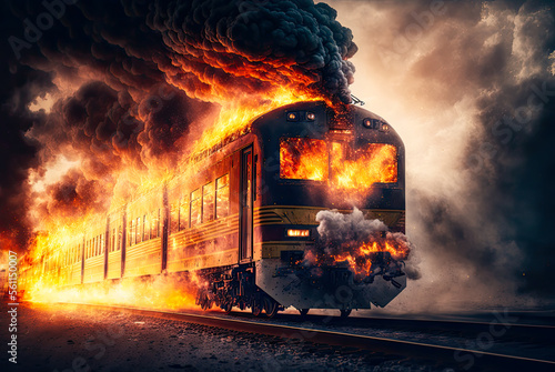 Train on fire, disaster. Generative AI photo