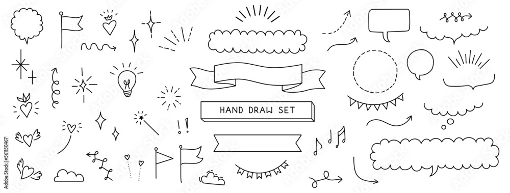 set monochrome line drawing. Hand draw simple and minimal elements, ribbons, shine, arrows, hearts, clouds, and speech bubbles. set monochrome line drawing. Hand draw simple and minimal elements, ribbons, shine, arrows, hearts, clouds, and speech bubbles.