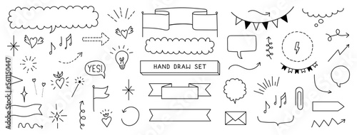 set monochrome line drawing. Hand draw simple and minimal elements, ribbons, shine, arrows, hearts, clouds, and speech bubbles.