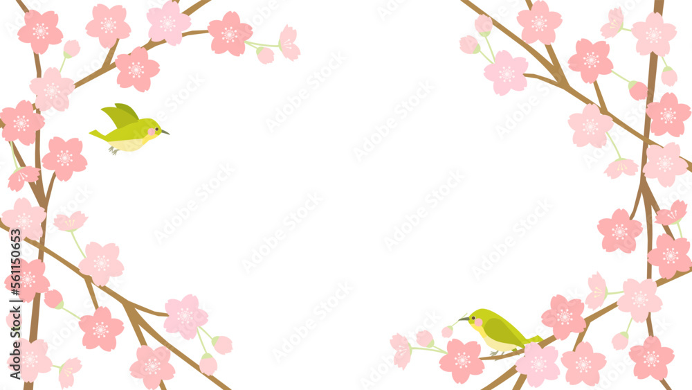 桜とメジロやウグイスをイメージした鳥のイラスト　アスペクト比16：9