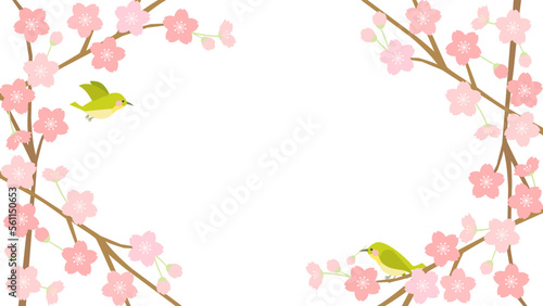 桜とメジロやウグイスをイメージした鳥のイラスト アスペクト比16：9