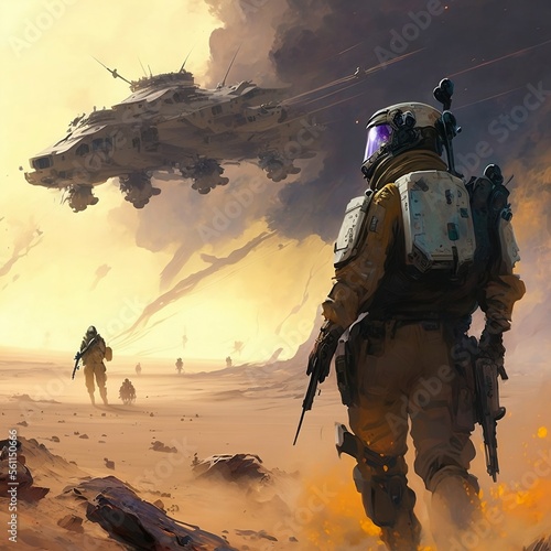Fotografie, Obraz Generative AI, military science fiction cover with infantry and landing craft