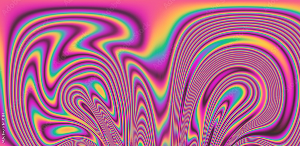 Abstract psychedelic background with neon rainbow leaks and stains. The 70s hippie style.