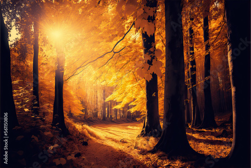 Beautiful magical autumn forest with big yellow trees and sunbeams on orange leaves and branches