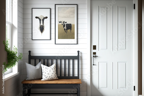 farmhouse's front door. nearby white shiplap wall, a wooden bench. Mockup of an interior. Generative AI photo