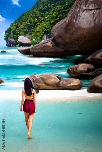 Illustration of a girl walking on the beach in Thailand  with waves and rocks generative ai